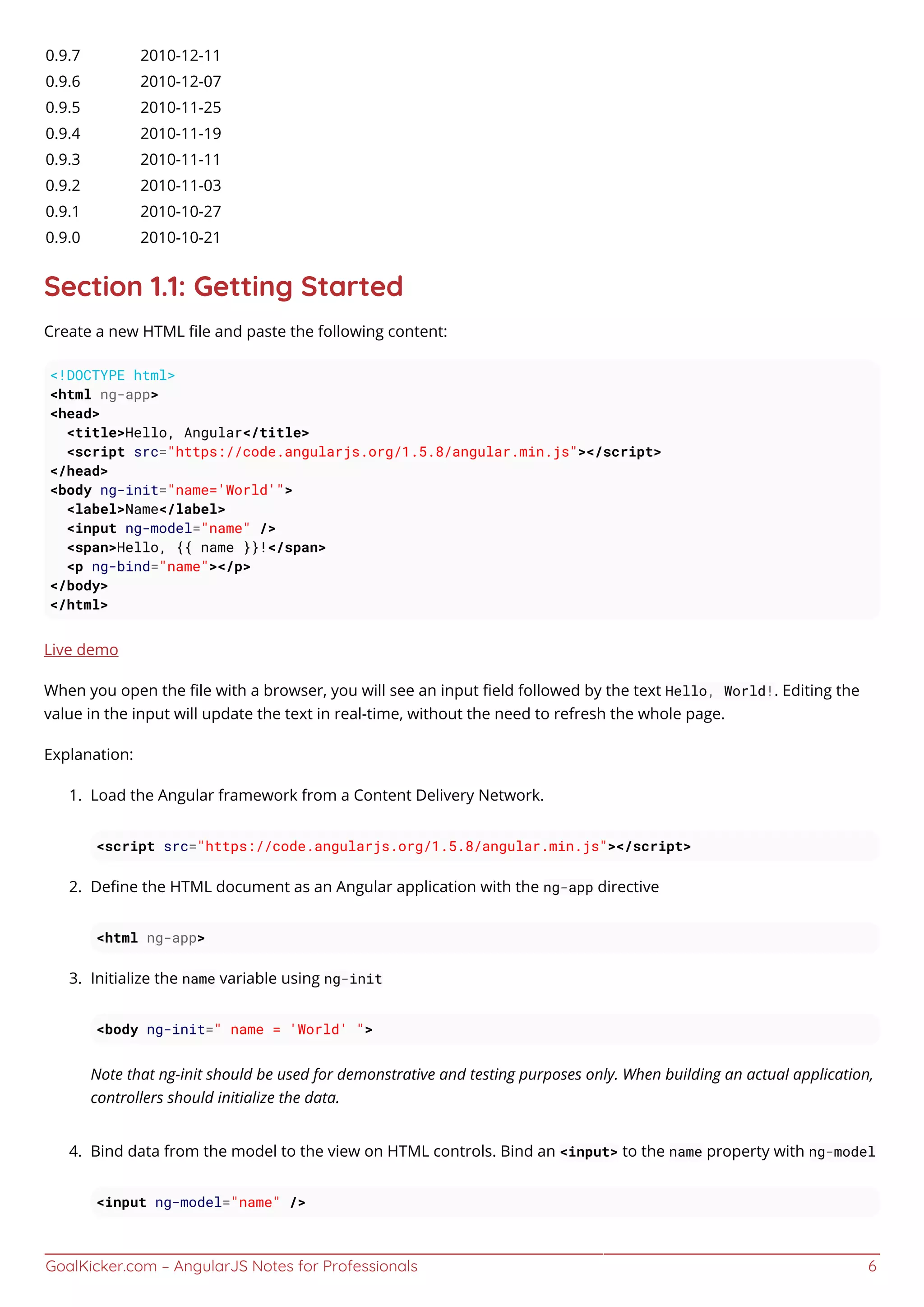 GoalKicker.com – AngularJS Notes for Professionals 6
0.9.7 2010-12-11
0.9.6 2010-12-07
0.9.5 2010-11-25
0.9.4 2010-11-19
0.9.3 2010-11-11
0.9.2 2010-11-03
0.9.1 2010-10-27
0.9.0 2010-10-21
Section 1.1: Getting Started
Create a new HTML ﬁle and paste the following content:
<!DOCTYPE html>
<html ng-app>
<head>
<title>Hello, Angular</title>
<script src="https://code.angularjs.org/1.5.8/angular.min.js"></script>
</head>
<body ng-init="name='World'">
<label>Name</label>
<input ng-model="name" />
<span>Hello, {{ name }}!</span>
<p ng-bind="name"></p>
</body>
</html>
Live demo
When you open the ﬁle with a browser, you will see an input ﬁeld followed by the text Hello, World!. Editing the
value in the input will update the text in real-time, without the need to refresh the whole page.
Explanation:
Load the Angular framework from a Content Delivery Network.1.
<script src="https://code.angularjs.org/1.5.8/angular.min.js"></script>
Deﬁne the HTML document as an Angular application with the ng-app directive2.
<html ng-app>
Initialize the name variable using ng-init3.
<body ng-init=" name = 'World' ">
Note that ng-init should be used for demonstrative and testing purposes only. When building an actual application,
controllers should initialize the data.
Bind data from the model to the view on HTML controls. Bind an <input> to the name property with ng-model4.
<input ng-model="name" />
 