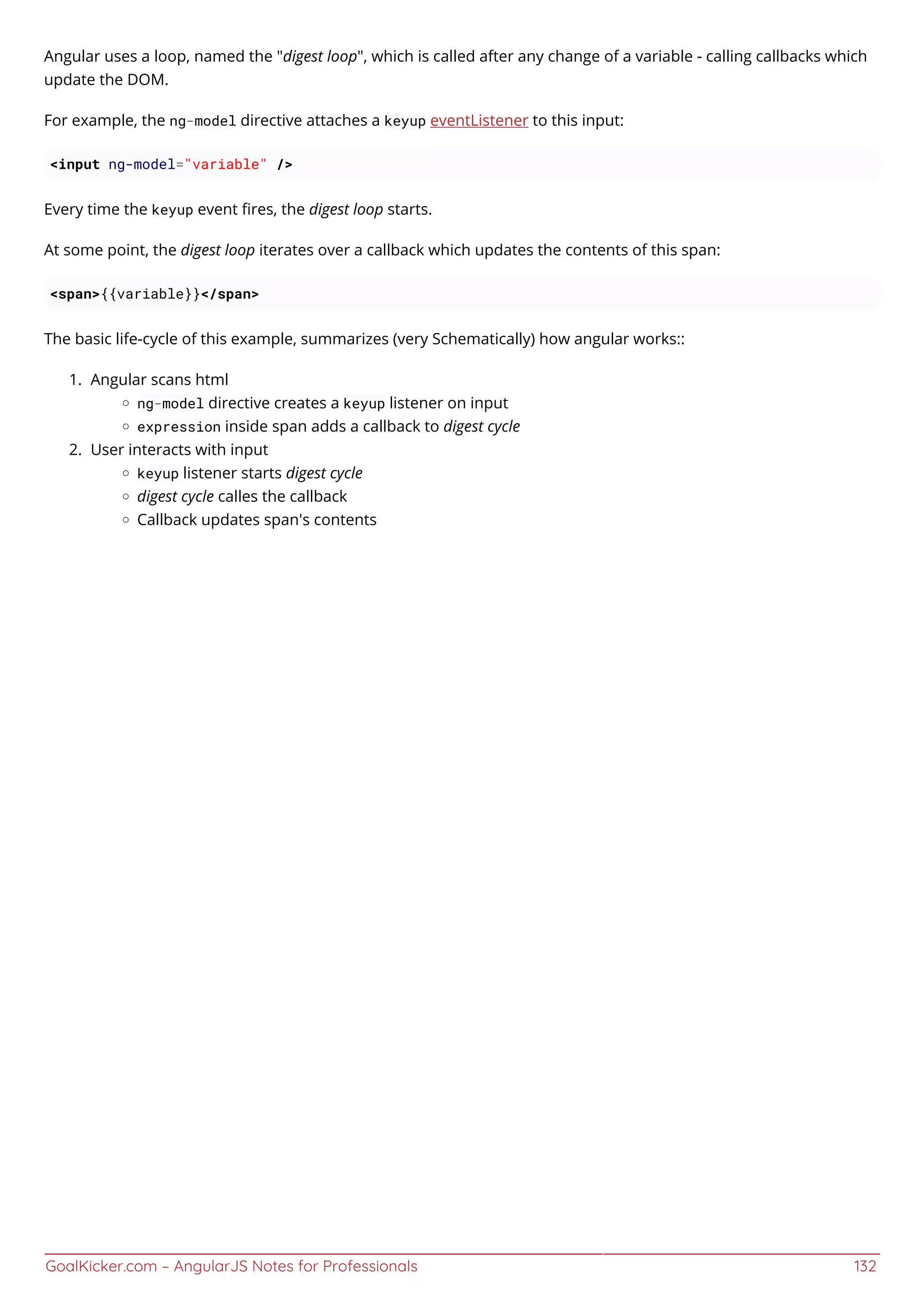GoalKicker.com – AngularJS Notes for Professionals 132
Angular uses a loop, named the "digest loop", which is called after any change of a variable - calling callbacks which
update the DOM.
For example, the ng-model directive attaches a keyup eventListener to this input:
<input ng-model="variable" />
Every time the keyup event ﬁres, the digest loop starts.
At some point, the digest loop iterates over a callback which updates the contents of this span:
<span>{{variable}}</span>
The basic life-cycle of this example, summarizes (very Schematically) how angular works::
Angular scans html1.
ng-model directive creates a keyup listener on input
expression inside span adds a callback to digest cycle
User interacts with input2.
keyup listener starts digest cycle
digest cycle calles the callback
Callback updates span's contents
 