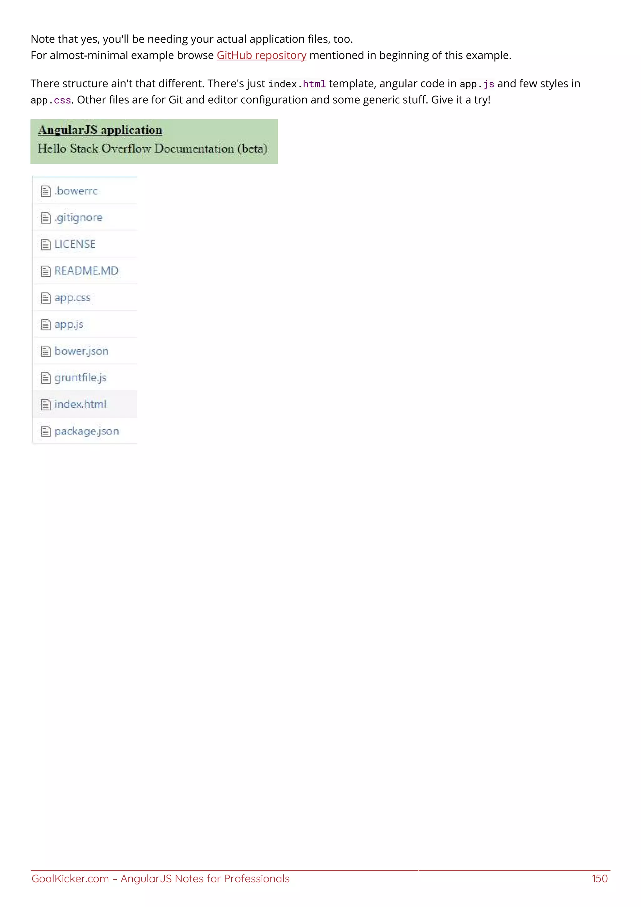 GoalKicker.com – AngularJS Notes for Professionals 150
Note that yes, you'll be needing your actual application ﬁles, too.
For almost-minimal example browse GitHub repository mentioned in beginning of this example.
There structure ain't that diﬀerent. There's just index.html template, angular code in app.js and few styles in
app.css. Other ﬁles are for Git and editor conﬁguration and some generic stuﬀ. Give it a try!
 