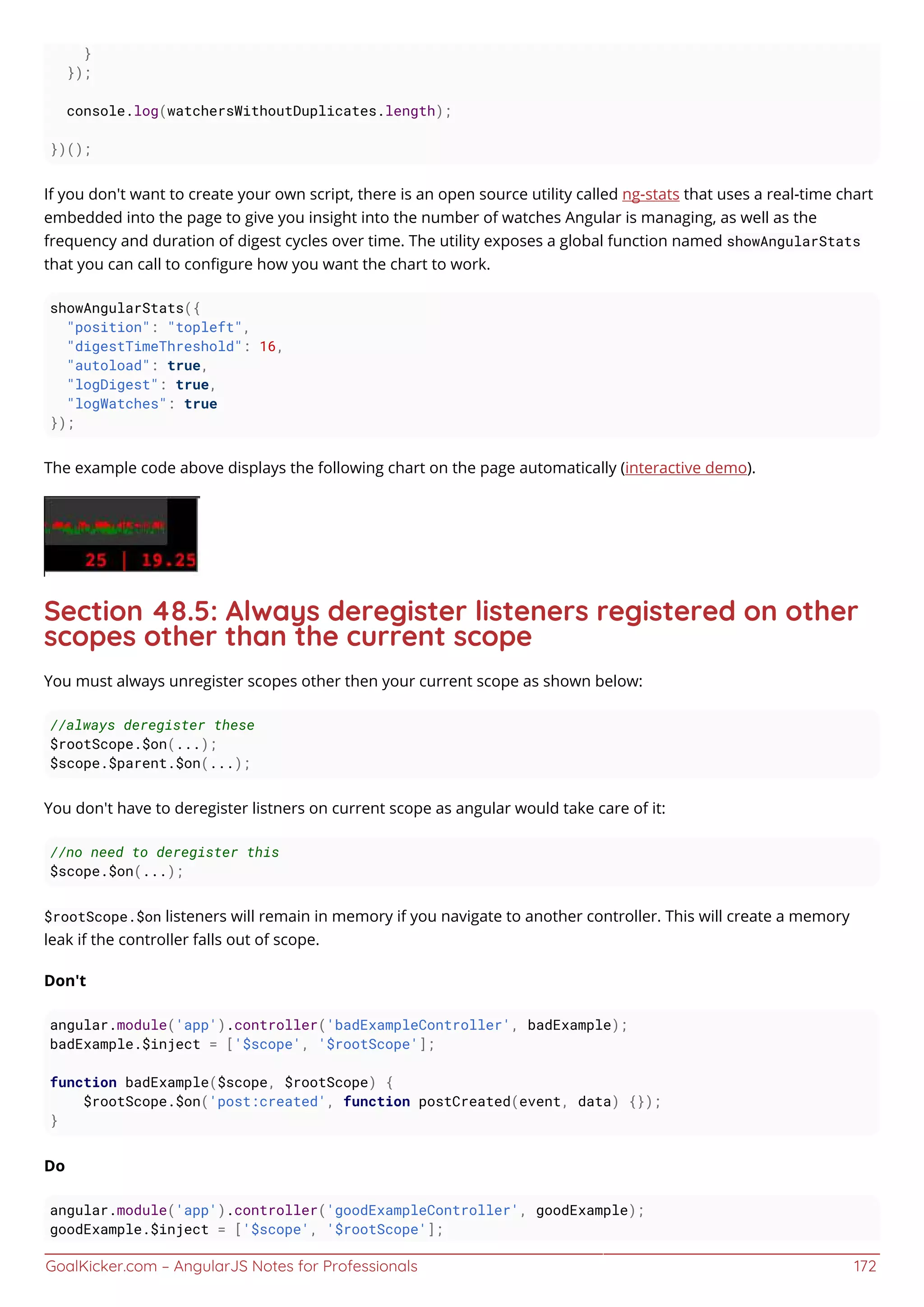 GoalKicker.com – AngularJS Notes for Professionals 172
}
});
console.log(watchersWithoutDuplicates.length);
})();
If you don't want to create your own script, there is an open source utility called ng-stats that uses a real-time chart
embedded into the page to give you insight into the number of watches Angular is managing, as well as the
frequency and duration of digest cycles over time. The utility exposes a global function named showAngularStats
that you can call to conﬁgure how you want the chart to work.
showAngularStats({
"position": "topleft",
"digestTimeThreshold": 16,
"autoload": true,
"logDigest": true,
"logWatches": true
});
The example code above displays the following chart on the page automatically (interactive demo).
Section 48.5: Always deregister listeners registered on other
scopes other than the current scope
You must always unregister scopes other then your current scope as shown below:
//always deregister these
$rootScope.$on(...);
$scope.$parent.$on(...);
You don't have to deregister listners on current scope as angular would take care of it:
//no need to deregister this
$scope.$on(...);
$rootScope.$on listeners will remain in memory if you navigate to another controller. This will create a memory
leak if the controller falls out of scope.
Don't
angular.module('app').controller('badExampleController', badExample);
badExample.$inject = ['$scope', '$rootScope'];
function badExample($scope, $rootScope) {
$rootScope.$on('post:created', function postCreated(event, data) {});
}
Do
angular.module('app').controller('goodExampleController', goodExample);
goodExample.$inject = ['$scope', '$rootScope'];
 