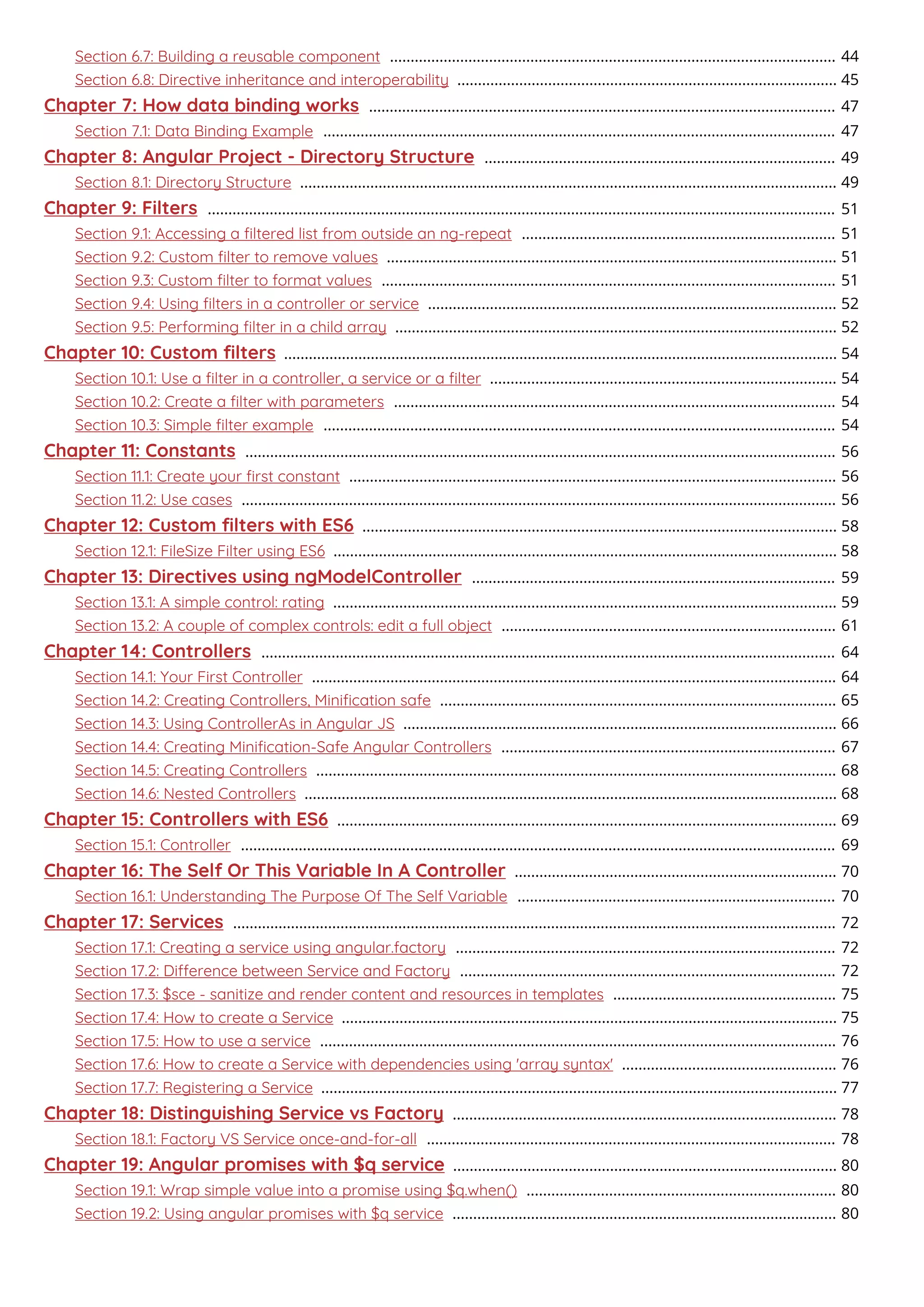 Section 6.7: Building a reusable component 44............................................................................................................
Section 6.8: Directive inheritance and interoperability 45............................................................................................
Chapter 7: How data binding works 47.................................................................................................................
Section 7.1: Data Binding Example 47............................................................................................................................
Chapter 8: Angular Project - Directory Structure 49.....................................................................................
Section 8.1: Directory Structure 49..................................................................................................................................
Chapter 9: Filters 51........................................................................................................................................................
Section 9.1: Accessing a ﬁltered list from outside an ng-repeat 51............................................................................
Section 9.2: Custom ﬁlter to remove values 51.............................................................................................................
Section 9.3: Custom ﬁlter to format values 51..............................................................................................................
Section 9.4: Using ﬁlters in a controller or service 52...................................................................................................
Section 9.5: Performing ﬁlter in a child array 52...........................................................................................................
Chapter 10: Custom ﬁlters 54......................................................................................................................................
Section 10.1: Use a ﬁlter in a controller, a service or a ﬁlter 54....................................................................................
Section 10.2: Create a ﬁlter with parameters 54...........................................................................................................
Section 10.3: Simple ﬁlter example 54............................................................................................................................
Chapter 11: Constants 56...............................................................................................................................................
Section 11.1: Create your ﬁrst constant 56......................................................................................................................
Section 11.2: Use cases 56................................................................................................................................................
Chapter 12: Custom ﬁlters with ES6 58...................................................................................................................
Section 12.1: FileSize Filter using ES6 58..........................................................................................................................
Chapter 13: Directives using ngModelController 59........................................................................................
Section 13.1: A simple control: rating 59..........................................................................................................................
Section 13.2: A couple of complex controls: edit a full object 61.................................................................................
Chapter 14: Controllers 64...........................................................................................................................................
Section 14.1: Your First Controller 64...............................................................................................................................
Section 14.2: Creating Controllers, Miniﬁcation safe 65................................................................................................
Section 14.3: Using ControllerAs in Angular JS 66.........................................................................................................
Section 14.4: Creating Miniﬁcation-Safe Angular Controllers 67.................................................................................
Section 14.5: Creating Controllers 68..............................................................................................................................
Section 14.6: Nested Controllers 68.................................................................................................................................
Chapter 15: Controllers with ES6 69.........................................................................................................................
Section 15.1: Controller 69................................................................................................................................................
Chapter 16: The Self Or This Variable In A Controller 70..............................................................................
Section 16.1: Understanding The Purpose Of The Self Variable 70.............................................................................
Chapter 17: Services 72..................................................................................................................................................
Section 17.1: Creating a service using angular.factory 72............................................................................................
Section 17.2: Dierence between Service and Factory 72...........................................................................................
Section 17.3: $sce - sanitize and render content and resources in templates 75......................................................
Section 17.4: How to create a Service 75........................................................................................................................
Section 17.5: How to use a service 76.............................................................................................................................
Section 17.6: How to create a Service with dependencies using 'array syntax' 76....................................................
Section 17.7: Registering a Service 77.............................................................................................................................
Chapter 18: Distinguishing Service vs Factory 78.............................................................................................
Section 18.1: Factory VS Service once-and-for-all 78...................................................................................................
Chapter 19: Angular promises with $q service 80.............................................................................................
Section 19.1: Wrap simple value into a promise using $q.when() 80...........................................................................
Section 19.2: Using angular promises with $q service 80.............................................................................................
 