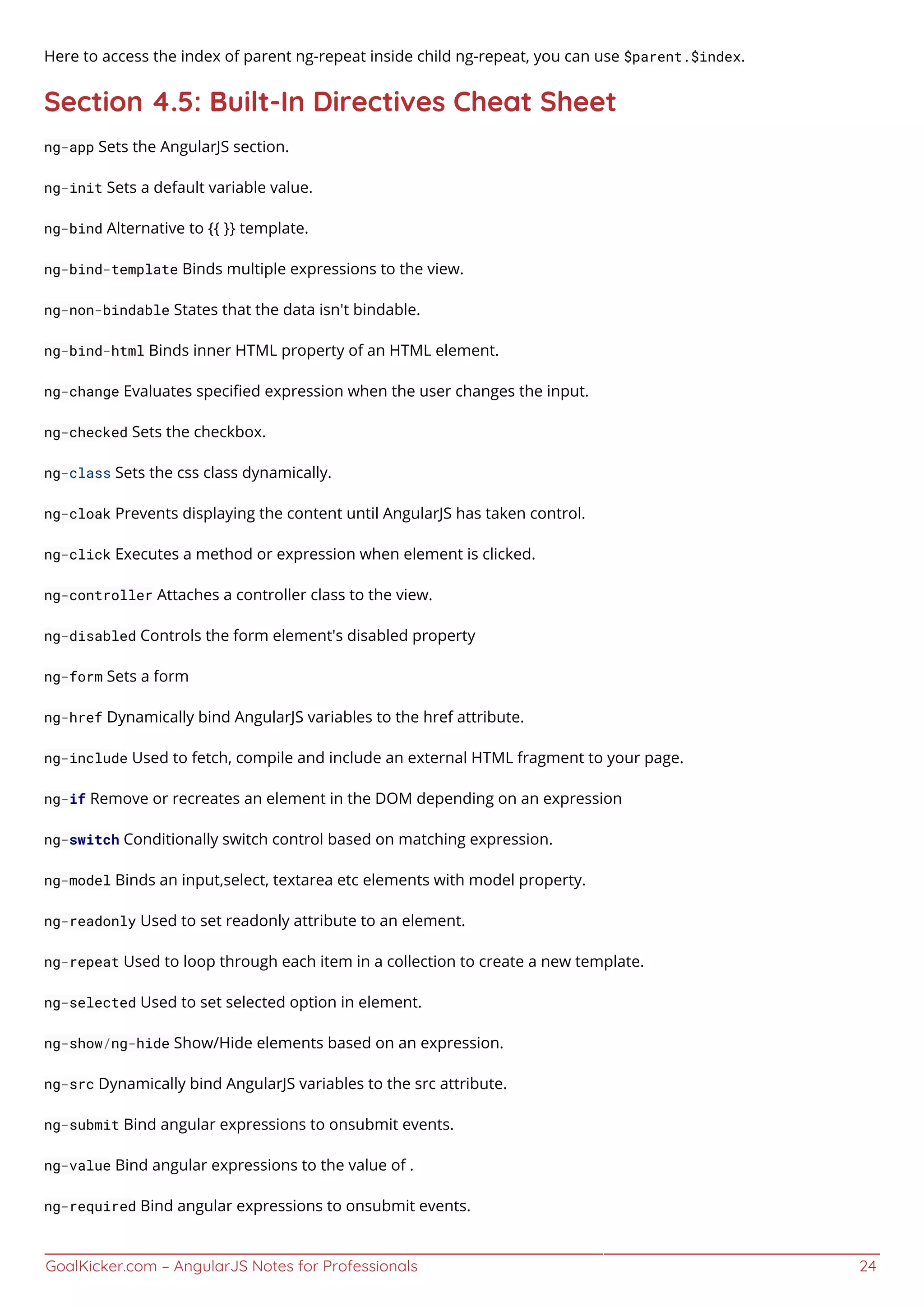 GoalKicker.com – AngularJS Notes for Professionals 24
Here to access the index of parent ng-repeat inside child ng-repeat, you can use $parent.$index.
Section 4.5: Built-In Directives Cheat Sheet
ng-app Sets the AngularJS section.
ng-init Sets a default variable value.
ng-bind Alternative to {{ }} template.
ng-bind-template Binds multiple expressions to the view.
ng-non-bindable States that the data isn't bindable.
ng-bind-html Binds inner HTML property of an HTML element.
ng-change Evaluates speciﬁed expression when the user changes the input.
ng-checked Sets the checkbox.
ng-class Sets the css class dynamically.
ng-cloak Prevents displaying the content until AngularJS has taken control.
ng-click Executes a method or expression when element is clicked.
ng-controller Attaches a controller class to the view.
ng-disabled Controls the form element's disabled property
ng-form Sets a form
ng-href Dynamically bind AngularJS variables to the href attribute.
ng-include Used to fetch, compile and include an external HTML fragment to your page.
ng-if Remove or recreates an element in the DOM depending on an expression
ng-switch Conditionally switch control based on matching expression.
ng-model Binds an input,select, textarea etc elements with model property.
ng-readonly Used to set readonly attribute to an element.
ng-repeat Used to loop through each item in a collection to create a new template.
ng-selected Used to set selected option in element.
ng-show/ng-hide Show/Hide elements based on an expression.
ng-src Dynamically bind AngularJS variables to the src attribute.
ng-submit Bind angular expressions to onsubmit events.
ng-value Bind angular expressions to the value of .
ng-required Bind angular expressions to onsubmit events.
 