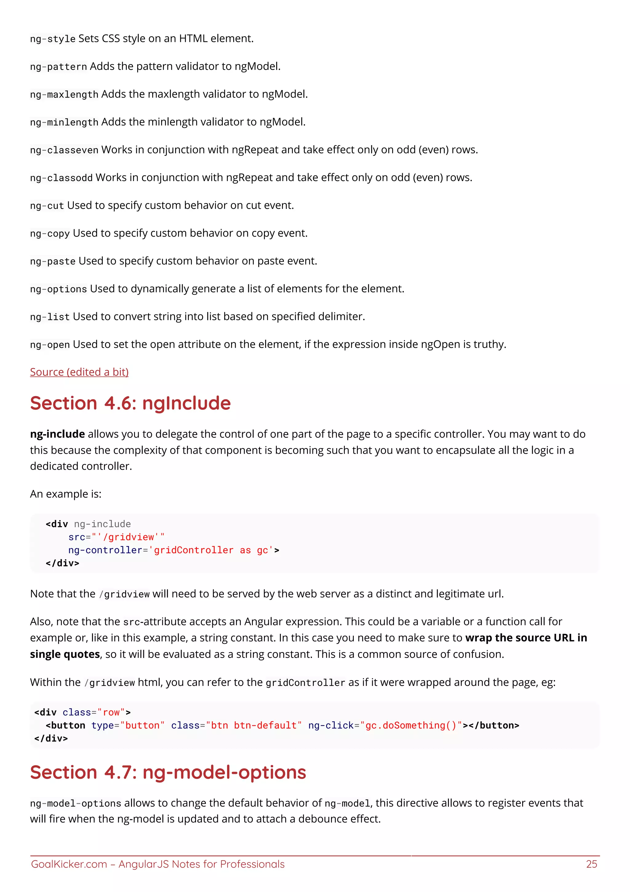 GoalKicker.com – AngularJS Notes for Professionals 25
ng-style Sets CSS style on an HTML element.
ng-pattern Adds the pattern validator to ngModel.
ng-maxlength Adds the maxlength validator to ngModel.
ng-minlength Adds the minlength validator to ngModel.
ng-classeven Works in conjunction with ngRepeat and take eﬀect only on odd (even) rows.
ng-classodd Works in conjunction with ngRepeat and take eﬀect only on odd (even) rows.
ng-cut Used to specify custom behavior on cut event.
ng-copy Used to specify custom behavior on copy event.
ng-paste Used to specify custom behavior on paste event.
ng-options Used to dynamically generate a list of elements for the element.
ng-list Used to convert string into list based on speciﬁed delimiter.
ng-open Used to set the open attribute on the element, if the expression inside ngOpen is truthy.
Source (edited a bit)
Section 4.6: ngInclude
ng-include allows you to delegate the control of one part of the page to a speciﬁc controller. You may want to do
this because the complexity of that component is becoming such that you want to encapsulate all the logic in a
dedicated controller.
An example is:
<div ng-include
src="'/gridview'"
ng-controller='gridController as gc'>
</div>
Note that the /gridview will need to be served by the web server as a distinct and legitimate url.
Also, note that the src-attribute accepts an Angular expression. This could be a variable or a function call for
example or, like in this example, a string constant. In this case you need to make sure to wrap the source URL in
single quotes, so it will be evaluated as a string constant. This is a common source of confusion.
Within the /gridview html, you can refer to the gridController as if it were wrapped around the page, eg:
<div class="row">
<button type="button" class="btn btn-default" ng-click="gc.doSomething()"></button>
</div>
Section 4.7: ng-model-options
ng-model-options allows to change the default behavior of ng-model, this directive allows to register events that
will ﬁre when the ng-model is updated and to attach a debounce eﬀect.
 