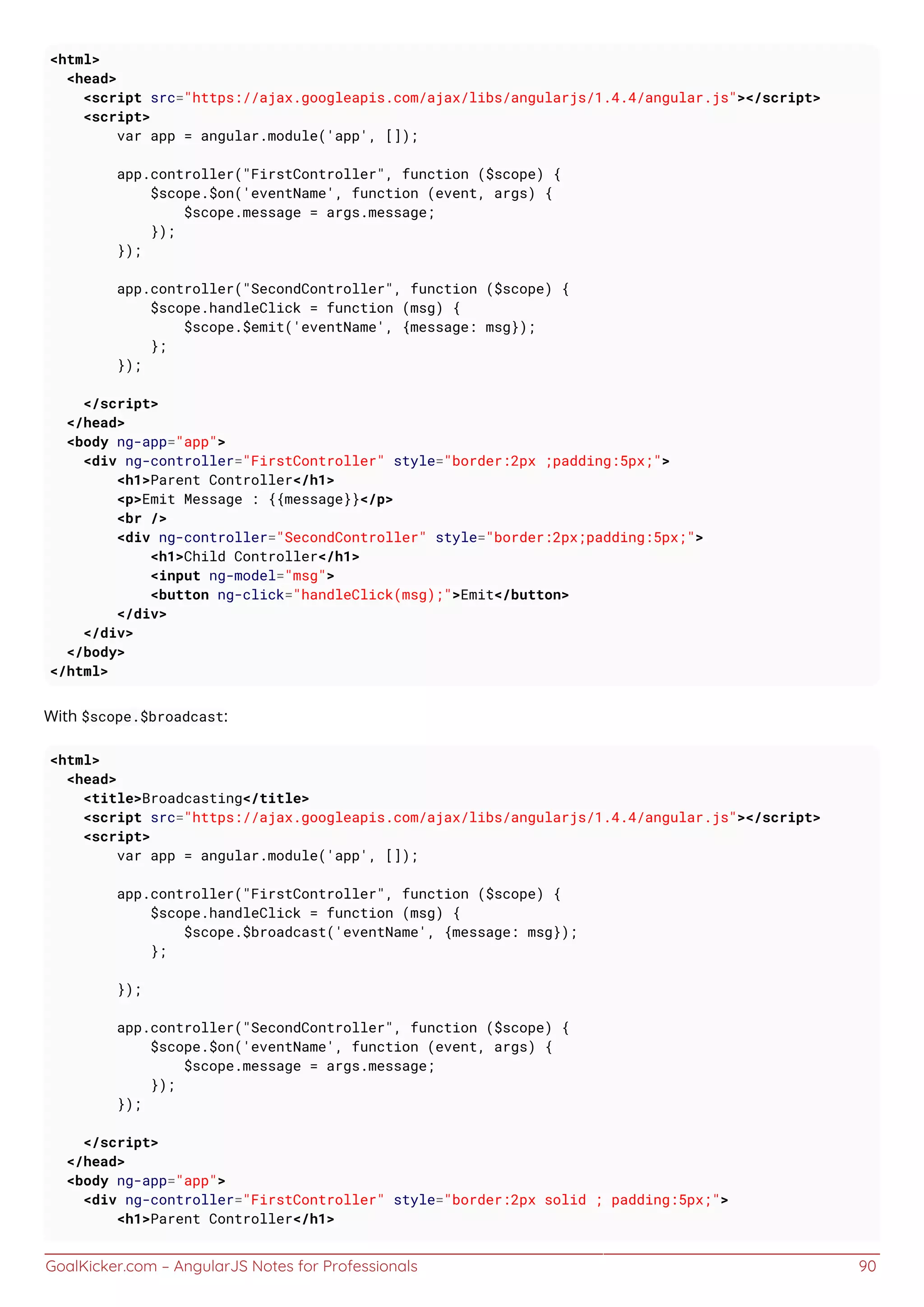 GoalKicker.com – AngularJS Notes for Professionals 90
<html>
<head>
<script src="https://ajax.googleapis.com/ajax/libs/angularjs/1.4.4/angular.js"></script>
<script>
var app = angular.module('app', []);
app.controller("FirstController", function ($scope) {
$scope.$on('eventName', function (event, args) {
$scope.message = args.message;
});
});
app.controller("SecondController", function ($scope) {
$scope.handleClick = function (msg) {
$scope.$emit('eventName', {message: msg});
};
});
</script>
</head>
<body ng-app="app">
<div ng-controller="FirstController" style="border:2px ;padding:5px;">
<h1>Parent Controller</h1>
<p>Emit Message : {{message}}</p>
<br />
<div ng-controller="SecondController" style="border:2px;padding:5px;">
<h1>Child Controller</h1>
<input ng-model="msg">
<button ng-click="handleClick(msg);">Emit</button>
</div>
</div>
</body>
</html>
With $scope.$broadcast:
<html>
<head>
<title>Broadcasting</title>
<script src="https://ajax.googleapis.com/ajax/libs/angularjs/1.4.4/angular.js"></script>
<script>
var app = angular.module('app', []);
app.controller("FirstController", function ($scope) {
$scope.handleClick = function (msg) {
$scope.$broadcast('eventName', {message: msg});
};
});
app.controller("SecondController", function ($scope) {
$scope.$on('eventName', function (event, args) {
$scope.message = args.message;
});
});
</script>
</head>
<body ng-app="app">
<div ng-controller="FirstController" style="border:2px solid ; padding:5px;">
<h1>Parent Controller</h1>
 