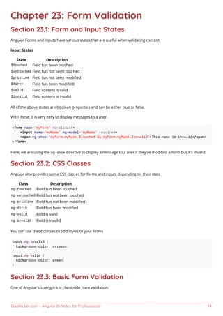 GoalKicker.com – AngularJS Notes for Professionals 94
Chapter 23: Form Validation
Section 23.1: Form and Input States
Angular Forms and Inputs have various states that are useful when validating content
Input States
State Description
$touched Field has been touched
$untouched Field has not been touched
$pristine Field has not been modiﬁed
$dirty Field has been modiﬁed
$valid Field content is valid
$invalid Field content is invalid
All of the above states are boolean properties and can be either true or false.
With these, it is very easy to display messages to a user.
<form name="myForm" novalidate>
<input name="myName" ng-model="myName" required>
<span ng-show="myForm.myName.$touched && myForm.myName.$invalid">This name is invalid</span>
</form>
Here, we are using the ng-show directive to display a message to a user if they've modiﬁed a form but it's invalid.
Section 23.2: CSS Classes
Angular also provides some CSS classes for forms and inputs depending on their state
Class Description
ng-touched Field has been touched
ng-untouched Field has not been touched
ng-pristine Field has not been modiﬁed
ng-dirty Field has been modiﬁed
ng-valid Field is valid
ng-invalid Field is invalid
You can use these classes to add styles to your forms
input.ng-invalid {
background-color: crimson;
}
input.ng-valid {
background-color: green;
}
Section 23.3: Basic Form Validation
One of Angular's strength's is client-side form validation.
 