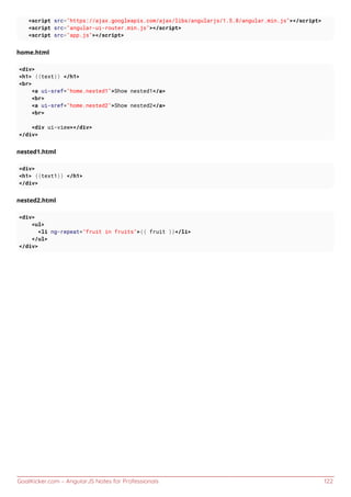 GoalKicker.com – AngularJS Notes for Professionals 122
<script src="https://ajax.googleapis.com/ajax/libs/angularjs/1.5.8/angular.min.js"></script>
<script src="angular-ui-router.min.js"></script>
<script src="app.js"></script>
home.html
<div>
<h1> {{text}} </h1>
<br>
<a ui-sref="home.nested1">Show nested1</a>
<br>
<a ui-sref="home.nested2">Show nested2</a>
<br>
<div ui-view></div>
</div>
nested1.html
<div>
<h1> {{text1}} </h1>
</div>
nested2.html
<div>
<ul>
<li ng-repeat="fruit in fruits">{{ fruit }}</li>
</ul>
</div>
 