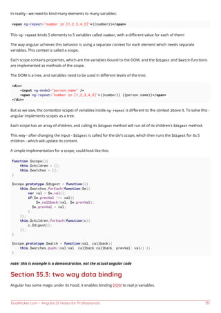 GoalKicker.com – AngularJS Notes for Professionals 131
In reality - we need to bind many elements to many variables:
<span ng-repeat="number in [1,2,3,4,5]">{{number}}</span>
This ng-repeat binds 5 elements to 5 variables called number, with a diﬀerent value for each of them!
The way angular achieves this behavior is using a separate context for each element which needs separate
variables. This context is called a scope.
Each scope contains properties, which are the variables bound to the DOM, and the $digest and $watch functions
are implemented as methods of the scope.
The DOM is a tree, and variables need to be used in diﬀerent levels of the tree:
<div>
<input ng-model="person.name" />
<span ng-repeat="number in [1,2,3,4,5]">{{number}} {{person.name}}</span>
</div>
But as we saw, the context(or scope) of variables inside ng-repeat is diﬀerent to the context above it. To solve this -
angular implements scopes as a tree.
Each scope has an array of children, and calling its $digest method will run all of its children's $digest method.
This way - after changing the input - $digest is called for the div's scope, which then runs the $digest for its 5
children - which will update its content.
A simple implementation for a scope, could look like this:
function $scope(){
this.$children = [];
this.$watches = [];
}
$scope.prototype.$digest = function(){
this.$watches.forEach(function($w){
var val = $w.val();
if($w.prevVal !== val){
$w.callback(val, $w.prevVal);
$w.prevVal = val;
}
});
this.$children.forEach(function(c){
c.$digest();
});
}
$scope.prototype.$watch = function(val, callback){
this.$watches.push({val:val, callback:callback, prevVal: val() })
}
note: this is example is a demonstration, not the actual angular code
Section 35.3: two way data binding
Angular has some magic under its hood. it enables binding DOM to real js variables.
 