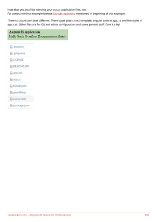GoalKicker.com – AngularJS Notes for Professionals 150
Note that yes, you'll be needing your actual application ﬁles, too.
For almost-minimal example browse GitHub repository mentioned in beginning of this example.
There structure ain't that diﬀerent. There's just index.html template, angular code in app.js and few styles in
app.css. Other ﬁles are for Git and editor conﬁguration and some generic stuﬀ. Give it a try!
 