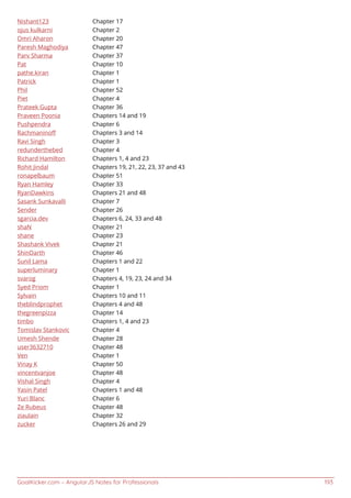 GoalKicker.com – AngularJS Notes for Professionals 193
Nishant123 Chapter 17
ojus kulkarni Chapter 2
Omri Aharon Chapter 20
Paresh Maghodiya Chapter 47
Parv Sharma Chapter 37
Pat Chapter 10
pathe.kiran Chapter 1
Patrick Chapter 1
Phil Chapter 52
Piet Chapter 4
Prateek Gupta Chapter 36
Praveen Poonia Chapters 14 and 19
Pushpendra Chapter 6
Rachmaninoﬀ Chapters 3 and 14
Ravi Singh Chapter 3
redunderthebed Chapter 4
Richard Hamilton Chapters 1, 4 and 23
Rohit Jindal Chapters 19, 21, 22, 23, 37 and 43
ronapelbaum Chapter 51
Ryan Hamley Chapter 33
RyanDawkins Chapters 21 and 48
Sasank Sunkavalli Chapter 7
Sender Chapter 26
sgarcia.dev Chapters 6, 24, 33 and 48
shaN Chapter 21
shane Chapter 23
Shashank Vivek Chapter 21
ShinDarth Chapter 46
Sunil Lama Chapters 1 and 22
superluminary Chapter 1
svarog Chapters 4, 19, 23, 24 and 34
Syed Priom Chapter 1
Sylvain Chapters 10 and 11
theblindprophet Chapters 4 and 48
thegreenpizza Chapter 14
timbo Chapters 1, 4 and 23
Tomislav Stankovic Chapter 4
Umesh Shende Chapter 28
user3632710 Chapter 48
Ven Chapter 1
Vinay K Chapter 50
vincentvanjoe Chapter 48
Vishal Singh Chapter 4
Yasin Patel Chapters 1 and 48
Yuri Blanc Chapter 6
Ze Rubeus Chapter 48
ziaulain Chapter 32
zucker Chapters 26 and 29
 