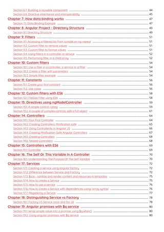 Section 6.7: Building a reusable component 44............................................................................................................
Section 6.8: Directive inheritance and interoperability 45............................................................................................
Chapter 7: How data binding works 47.................................................................................................................
Section 7.1: Data Binding Example 47............................................................................................................................
Chapter 8: Angular Project - Directory Structure 49.....................................................................................
Section 8.1: Directory Structure 49..................................................................................................................................
Chapter 9: Filters 51........................................................................................................................................................
Section 9.1: Accessing a ﬁltered list from outside an ng-repeat 51............................................................................
Section 9.2: Custom ﬁlter to remove values 51.............................................................................................................
Section 9.3: Custom ﬁlter to format values 51..............................................................................................................
Section 9.4: Using ﬁlters in a controller or service 52...................................................................................................
Section 9.5: Performing ﬁlter in a child array 52...........................................................................................................
Chapter 10: Custom ﬁlters 54......................................................................................................................................
Section 10.1: Use a ﬁlter in a controller, a service or a ﬁlter 54....................................................................................
Section 10.2: Create a ﬁlter with parameters 54...........................................................................................................
Section 10.3: Simple ﬁlter example 54............................................................................................................................
Chapter 11: Constants 56...............................................................................................................................................
Section 11.1: Create your ﬁrst constant 56......................................................................................................................
Section 11.2: Use cases 56................................................................................................................................................
Chapter 12: Custom ﬁlters with ES6 58...................................................................................................................
Section 12.1: FileSize Filter using ES6 58..........................................................................................................................
Chapter 13: Directives using ngModelController 59........................................................................................
Section 13.1: A simple control: rating 59..........................................................................................................................
Section 13.2: A couple of complex controls: edit a full object 61.................................................................................
Chapter 14: Controllers 64...........................................................................................................................................
Section 14.1: Your First Controller 64...............................................................................................................................
Section 14.2: Creating Controllers, Miniﬁcation safe 65................................................................................................
Section 14.3: Using ControllerAs in Angular JS 66.........................................................................................................
Section 14.4: Creating Miniﬁcation-Safe Angular Controllers 67.................................................................................
Section 14.5: Creating Controllers 68..............................................................................................................................
Section 14.6: Nested Controllers 68.................................................................................................................................
Chapter 15: Controllers with ES6 69.........................................................................................................................
Section 15.1: Controller 69................................................................................................................................................
Chapter 16: The Self Or This Variable In A Controller 70..............................................................................
Section 16.1: Understanding The Purpose Of The Self Variable 70.............................................................................
Chapter 17: Services 72..................................................................................................................................................
Section 17.1: Creating a service using angular.factory 72............................................................................................
Section 17.2: Dierence between Service and Factory 72...........................................................................................
Section 17.3: $sce - sanitize and render content and resources in templates 75......................................................
Section 17.4: How to create a Service 75........................................................................................................................
Section 17.5: How to use a service 76.............................................................................................................................
Section 17.6: How to create a Service with dependencies using 'array syntax' 76....................................................
Section 17.7: Registering a Service 77.............................................................................................................................
Chapter 18: Distinguishing Service vs Factory 78.............................................................................................
Section 18.1: Factory VS Service once-and-for-all 78...................................................................................................
Chapter 19: Angular promises with $q service 80.............................................................................................
Section 19.1: Wrap simple value into a promise using $q.when() 80...........................................................................
Section 19.2: Using angular promises with $q service 80.............................................................................................
 
