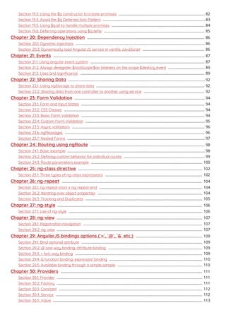 Section 19.3: Using the $q constructor to create promises 82.....................................................................................
Section 19.4: Avoid the $q Deferred Anti-Pattern 83.....................................................................................................
Section 19.5: Using $q.all to handle multiple promises 84............................................................................................
Section 19.6: Deferring operations using $q.defer 85...................................................................................................
Chapter 20: Dependency Injection 86....................................................................................................................
Section 20.1: Dynamic Injections 86................................................................................................................................
Section 20.2: Dynamically load AngularJS service in vanilla JavaScript 86.............................................................
Chapter 21: Events 87......................................................................................................................................................
Section 21.1: Using angular event system 87.................................................................................................................
Section 21.2: Always deregister $rootScope.$on listeners on the scope $destory event 89....................................
Section 21.3: Uses and signiﬁcance 89...........................................................................................................................
Chapter 22: Sharing Data 92.......................................................................................................................................
Section 22.1: Using ngStorage to share data 92...........................................................................................................
Section 22.2: Sharing data from one controller to another using service 92............................................................
Chapter 23: Form Validation 94.................................................................................................................................
Section 23.1: Form and Input States 94..........................................................................................................................
Section 23.2: CSS Classes 94...........................................................................................................................................
Section 23.3: Basic Form Validation 94..........................................................................................................................
Section 23.4: Custom Form Validation 95......................................................................................................................
Section 23.5: Async validators 96...................................................................................................................................
Section 23.6: ngMessages 96..........................................................................................................................................
Section 23.7: Nested Forms 97........................................................................................................................................
Chapter 24: Routing using ngRoute 98.................................................................................................................
Section 24.1: Basic example 98........................................................................................................................................
Section 24.2: Deﬁning custom behavior for individual routes 99................................................................................
Section 24.3: Route parameters example 100..............................................................................................................
Chapter 25: ng-class directive 102...........................................................................................................................
Section 25.1: Three types of ng-class expressions 102................................................................................................
Chapter 26: ng-repeat 104...........................................................................................................................................
Section 26.1: ng-repeat-start + ng-repeat-end 104......................................................................................................
Section 26.2: Iterating over object properties 104........................................................................................................
Section 26.3: Tracking and Duplicates 105....................................................................................................................
Chapter 27: ng-style 106...............................................................................................................................................
Section 27.1: Use of ng-style 106....................................................................................................................................
Chapter 28: ng-view 107................................................................................................................................................
Section 28.1: Registration navigation 107......................................................................................................................
Section 28.2: ng-view 107................................................................................................................................................
Chapter 29: AngularJS bindings options (`=`, `@`, `&` etc.) 109..................................................................
Section 29.1: Bind optional attribute 109........................................................................................................................
Section 29.2: @ one-way binding, attribute binding 109.............................................................................................
Section 29.3: = two-way binding 109..............................................................................................................................
Section 29.4: & function binding, expression binding 110............................................................................................
Section 29.5: Available binding through a simple sample 110....................................................................................
Chapter 30: Providers 111............................................................................................................................................
Section 30.1: Provider 111................................................................................................................................................
Section 30.2: Factory 111................................................................................................................................................
Section 30.3: Constant 112..............................................................................................................................................
Section 30.4: Service 112.................................................................................................................................................
Section 30.5: Value 113....................................................................................................................................................
 