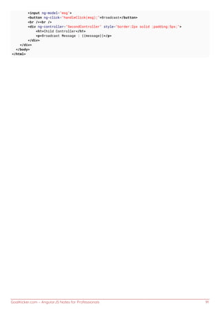 GoalKicker.com – AngularJS Notes for Professionals 91
<input ng-model="msg">
<button ng-click="handleClick(msg);">Broadcast</button>
<br /><br />
<div ng-controller="SecondController" style="border:2px solid ;padding:5px;">
<h1>Child Controller</h1>
<p>Broadcast Message : {{message}}</p>
</div>
</div>
</body>
</html>
 