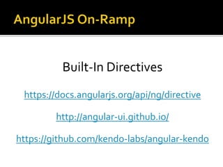 Built-In Directives
https://docs.angularjs.org/api/ng/directive
http://angular-ui.github.io/
https://github.com/kendo-labs...