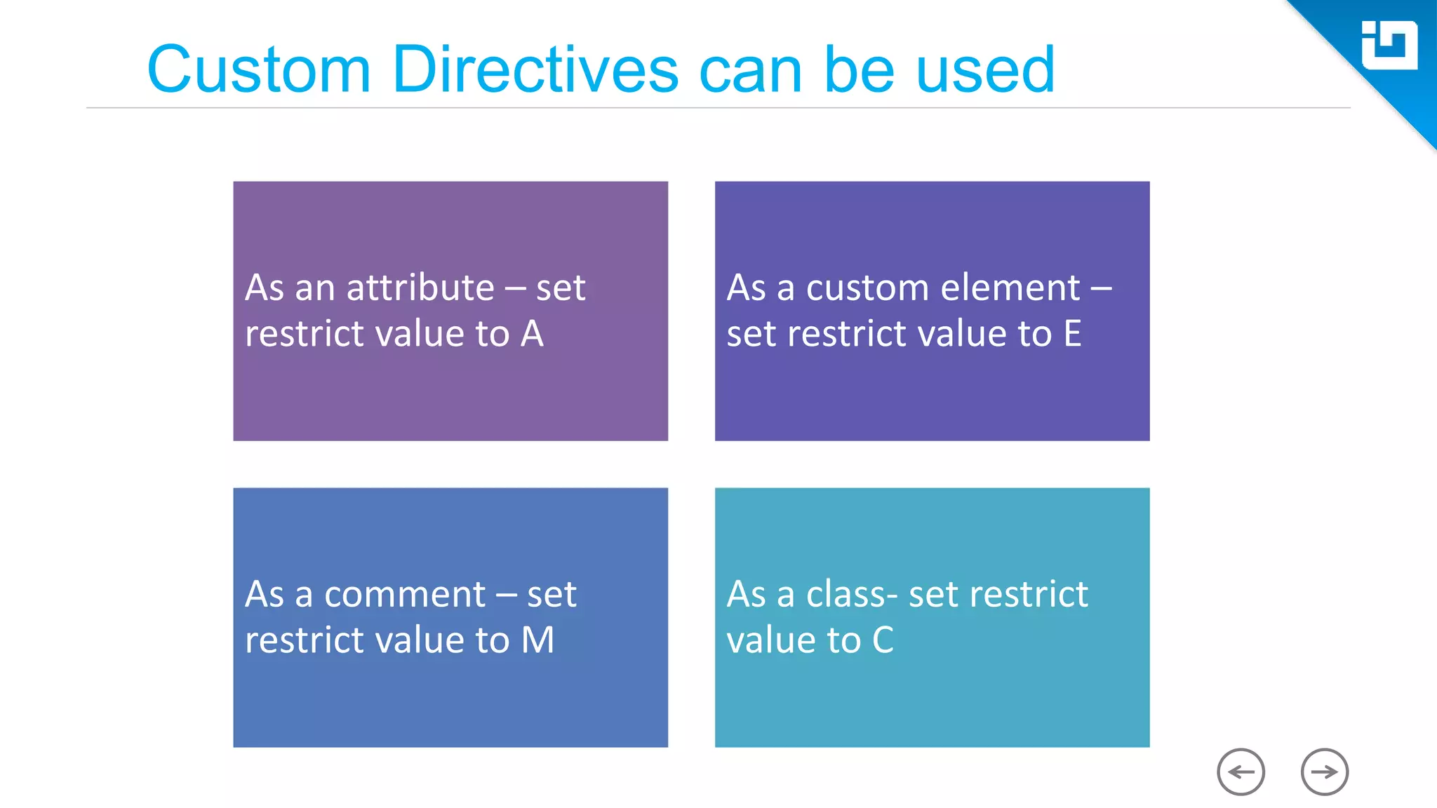 Custom Directives can be used As an attribute – set restrict value to A As a custom element – set restrict value to E As a comment – set restrict value to M As a class- set restrict value to C 