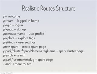 Realistic Routes Structure
/ – welcome
/stream – logged-in home
/login – log-in
/signup – signup
/user/:username – user proﬁle
/explore – explore tags
/settings – user settings
/new-spark – create spark page
/spark/cluster?sparkName=&tagName – spark cluster page
/search – search
/spark/:username/:slug – spark page
...and 11 more routes
Tuesday, 13 August 13
 