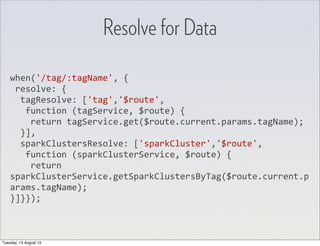 Resolve for Data
when('/tag/:tagName',	
  {
	
  resolve:	
  {
	
  	
  tagResolve:	
  ['tag','$route',
	
  	
  	
  function	
  (tagService,	
  $route)	
  {
	
  	
  	
  	
  return	
  tagService.get($route.current.params.tagName);
	
  	
  }],
	
  	
  sparkClustersResolve:	
  ['sparkCluster','$route',
	
  	
  	
  function	
  (sparkClusterService,	
  $route)	
  {
	
  	
  	
  	
  return	
  
sparkClusterService.getSparkClustersByTag($route.current.p
arams.tagName);
}]}});
Tuesday, 13 August 13
 