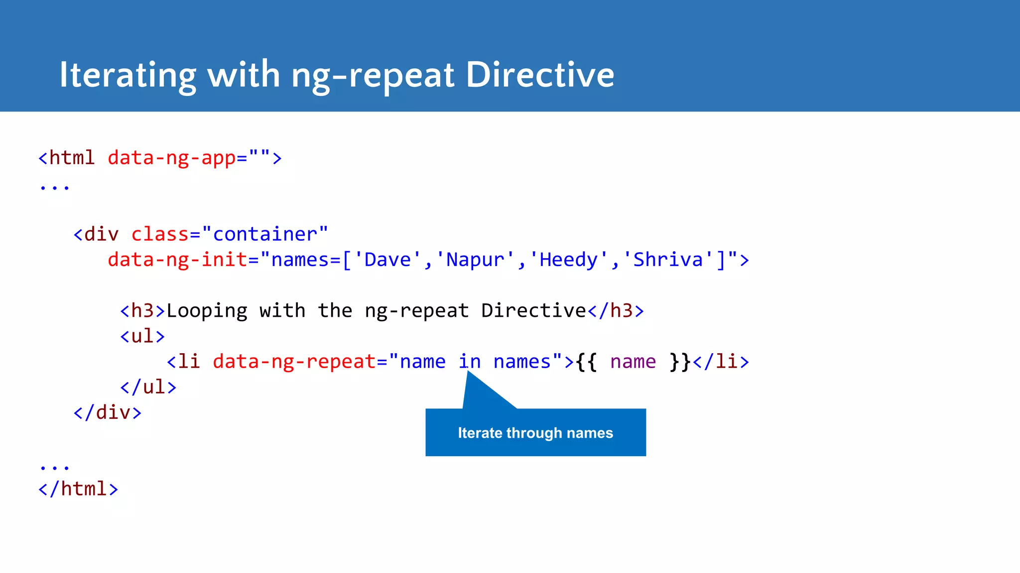 Iterating with ng-repeat Directive <html data-ng-app=""> ... <div class="container" data-ng-init="names=['Dave','Napur','Heedy','Shriva']"> <h3>Looping with the ng-repeat Directive</h3> <ul> <li data-ng-repeat="name in names">{{ name }}</li> </ul> </div> ... </html> Iterate through names 
