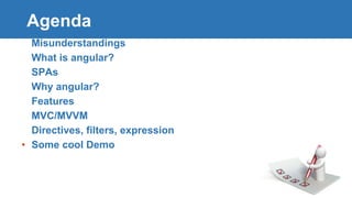 Agenda
• Misunderstandings
• What is angular?
• SPAs
• Why angular?
• Features
• MVC/MVVM
• Directives, filters, expressio...