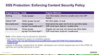 © 2016 Synopsys, Inc. 11
XSS Protection: Enforcing Content Security Policy
Note: inline styles may be abused by attackers
• See Mario Heiderich’s paper on scriptless attacks
https://www.nds.rub.de/media/emma/veroeffentlichungen/2012/08/16/scriptlessAttacks-
ccs2012.pdf
Instead of allowing ‘unsafe-inline’ for styles, developers can include angular-csp.css in the HTML for
ngCloak and ngHide directives to work.
Angular Setting Code Angular Behavior
Nothing <body ng-app> Use inline styles, check for unsafe eval in the CSP
header
Default CSP <body ng-app ng-csp> No inline styles, no eval
No-unsafe-eval <body ng-app
ng-csp="no-unsafe-eval">
Eval cannot be used, but it’s ok to use inline styles
CSP must have: style-src ‘unsafe-inline’
No-inline-style <body ng-app
ng-csp="no-inline-style">
Angular can use eval, but cannot use inline styles
CSP must have: script-src ‘unsafe-eval’
 
