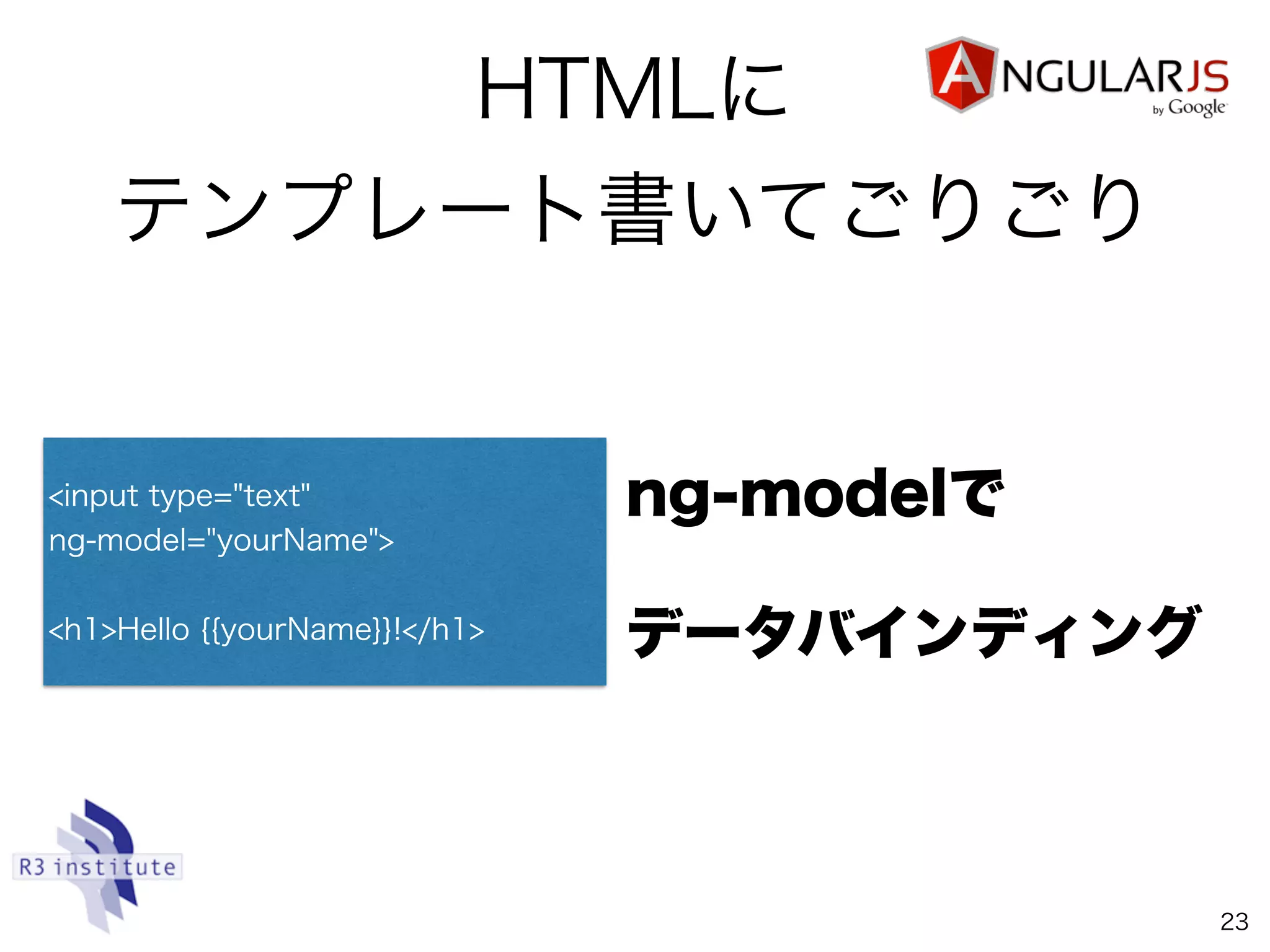 HTMLに
テンプレート書いてごりごり
23
<input type="text"
ng-model="yourName">
<h1>Hello {{yourName}}!</h1>
ng-modelで
データバインディング
 