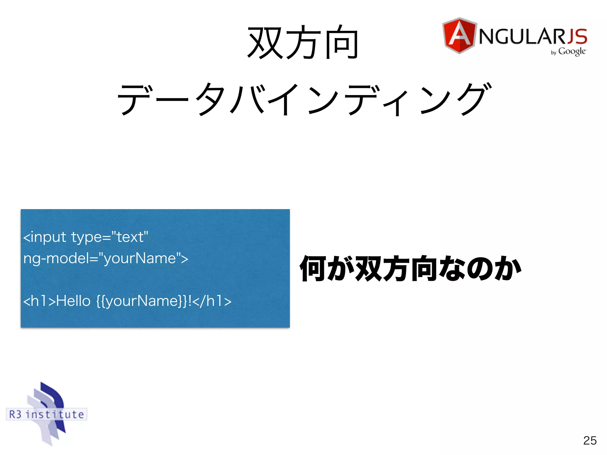 双方向
データバインディング
25
<input type="text"
ng-model="yourName">
<h1>Hello {{yourName}}!</h1>
何が双方向なのか
 