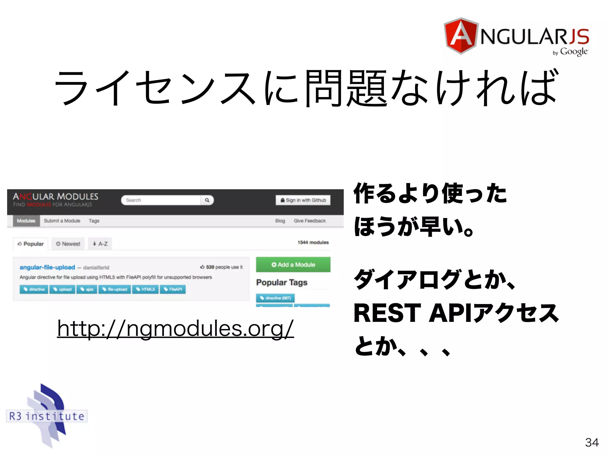 ライセンスに問題なければ
34
作るより使った 
ほうが早い。
ダイアログとか、 
REST APIアクセス
とか、、、
http://ngmodules.org/
 