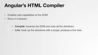 Angular’s HTML Compiler
•  Enables new capabilities of the DOM!
•  Runs in 2 phases:!
•  Compile: traverse the DOM and note all the directives!
•  Link: hook up the directives with a scope, produce a live view!
 