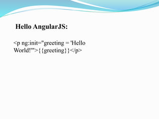 Hello AngularJS:
<p ng:init="greeting = 'Hello
World!'">{{greeting}}</p>
 