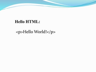 Hello HTML:
<p>Hello World!</p>
 