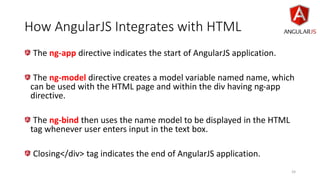 How AngularJS Integrates with HTML
The ng-app directive indicates the start of AngularJS application.
The ng-model directive creates a model variable named name, which
can be used with the HTML page and within the div having ng-app
directive.
The ng-bind then uses the name model to be displayed in the HTML
tag whenever user enters input in the text box.
Closing</div> tag indicates the end of AngularJS application.
24
 