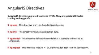 AngularJS Directives
AngularJS directives are used to extend HTML. They are special attributes
starting with ng-prefix.
ng-app - This directive starts an AngularJS Application.
ng-init - This directive initializes application data.
ng-model - This directive defines the model that is variable to be used in
AngularJS.
ng-repeat - This directive repeats HTML elements for each item in a collection.
25
 