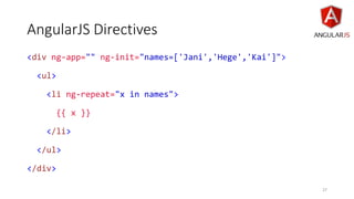 AngularJS Directives
<div ng-app="" ng-init="names=['Jani','Hege','Kai']">
<ul>
<li ng-repeat="x in names">
{{ x }}
</li>
</ul>
</div>
27
 