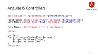 AngularJS Controllers
<div ng-app="" ng-controller="personController">
First Name: <input type="text" ng-model="firstName"><br>
Last Name: <input type="text" ng-model="lastName"><br>
Full Name: {{firstName + " " + lastName}}
</div>
<script>
function personController($scope) {
$scope.firstName="John",
$scope.lastName="Doe"
}
</script>
31
 