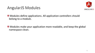 AngularJS Modules
Modules define applications. All application controllers should
belong to a module.
Modules make your application more readable, and keep the global
namespace clean.
41
 