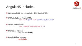 AngularJS Includes
With AngularJS, you can include HTML files in HTML.
HTML Includes in Future HTML
<link rel="import" href="/path/navigation.html">
Server Side Includes
<?php require("navigation.php"); ?>
Client Side Includes
http request (AJAX)
AngularJS Side Includes
ng-include
45
 