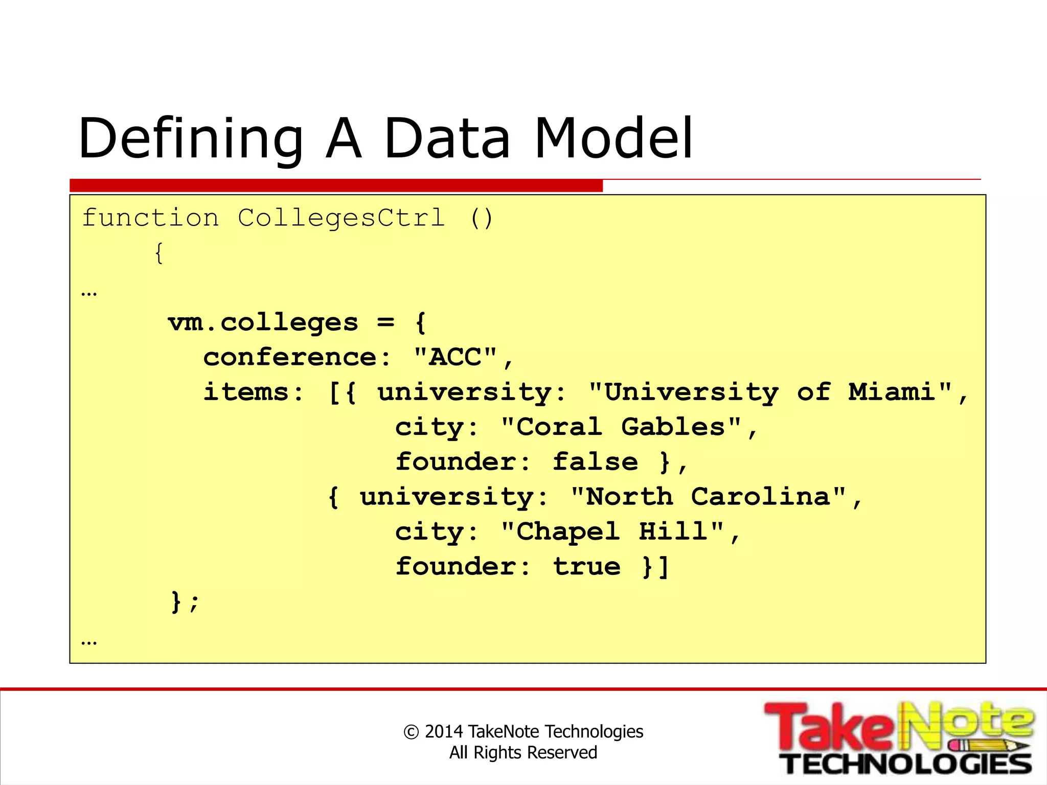 Defining A Data Model
© 2014 TakeNote Technologies
All Rights Reserved
function CollegesCtrl ()
{
…
vm.colleges = {
conference: "ACC",
items: [{ university: "University of Miami",
city: "Coral Gables",
founder: false },
{ university: "North Carolina",
city: "Chapel Hill",
founder: true }]
};
…
 