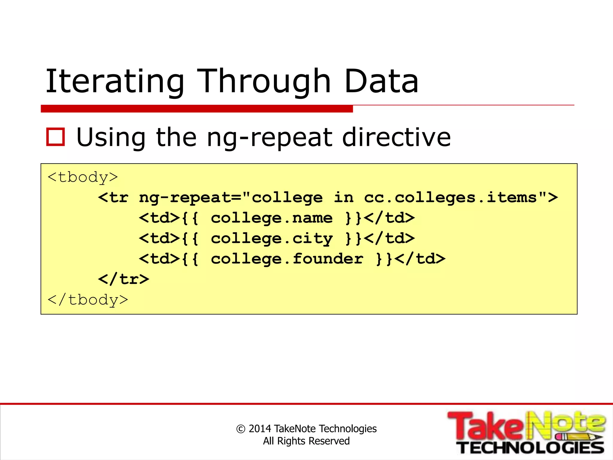 Iterating Through Data
© 2014 TakeNote Technologies
All Rights Reserved
<tbody>
<tr ng-repeat="college in cc.colleges.items">
<td>{{ college.name }}</td>
<td>{{ college.city }}</td>
<td>{{ college.founder }}</td>
</tr>
</tbody>
 Using the ng-repeat directive
 