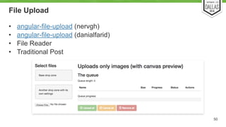 File Upload 
• angular-file-upload (nervgh) 
• angular-file-upload (danialfarid) 
• File Reader 
• Traditional Post 
50 
 