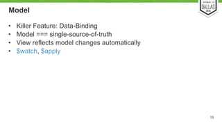 Model 
• Killer Feature: Data-Binding 
• Model === single-source-of-truth 
• View reflects model changes automatically 
• ...