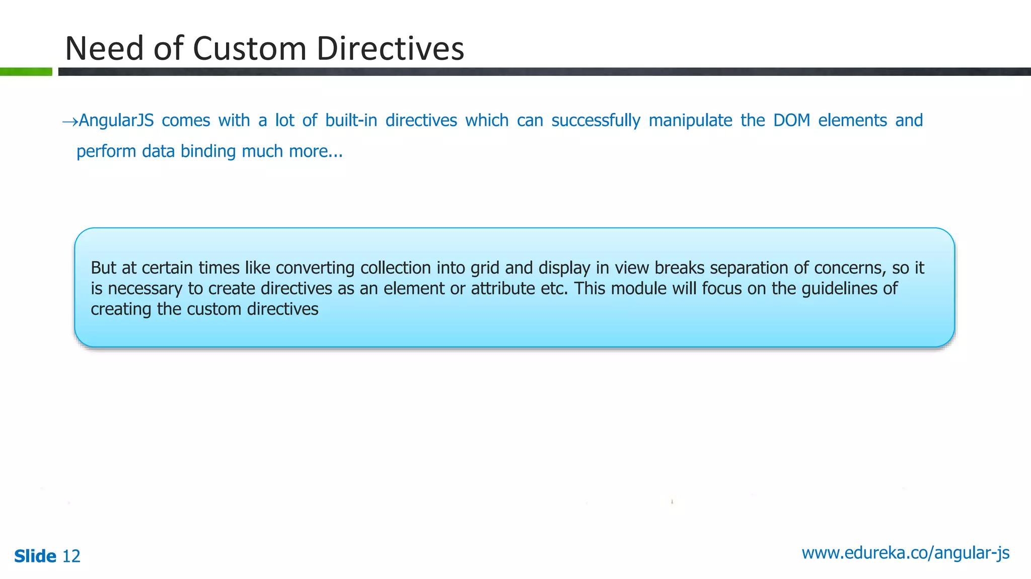 Slide 12 www.edureka.co/angular-jsSlide 12
Need of Custom Directives
AngularJS comes with a lot of built-in directives which can successfully manipulate the DOM elements and
perform data binding much more...
But at certain times like converting collection into grid and display in view breaks separation of concerns, so it
is necessary to create directives as an element or attribute etc. This module will focus on the guidelines of
creating the custom directives
 