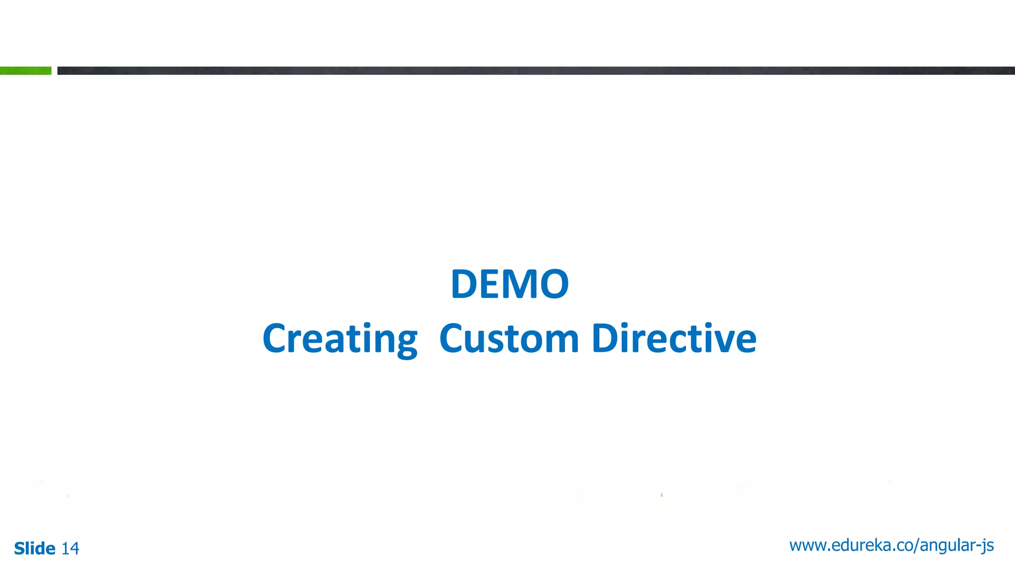 Slide 14 www.edureka.co/angular-js
DEMO
Creating Custom Directive
 