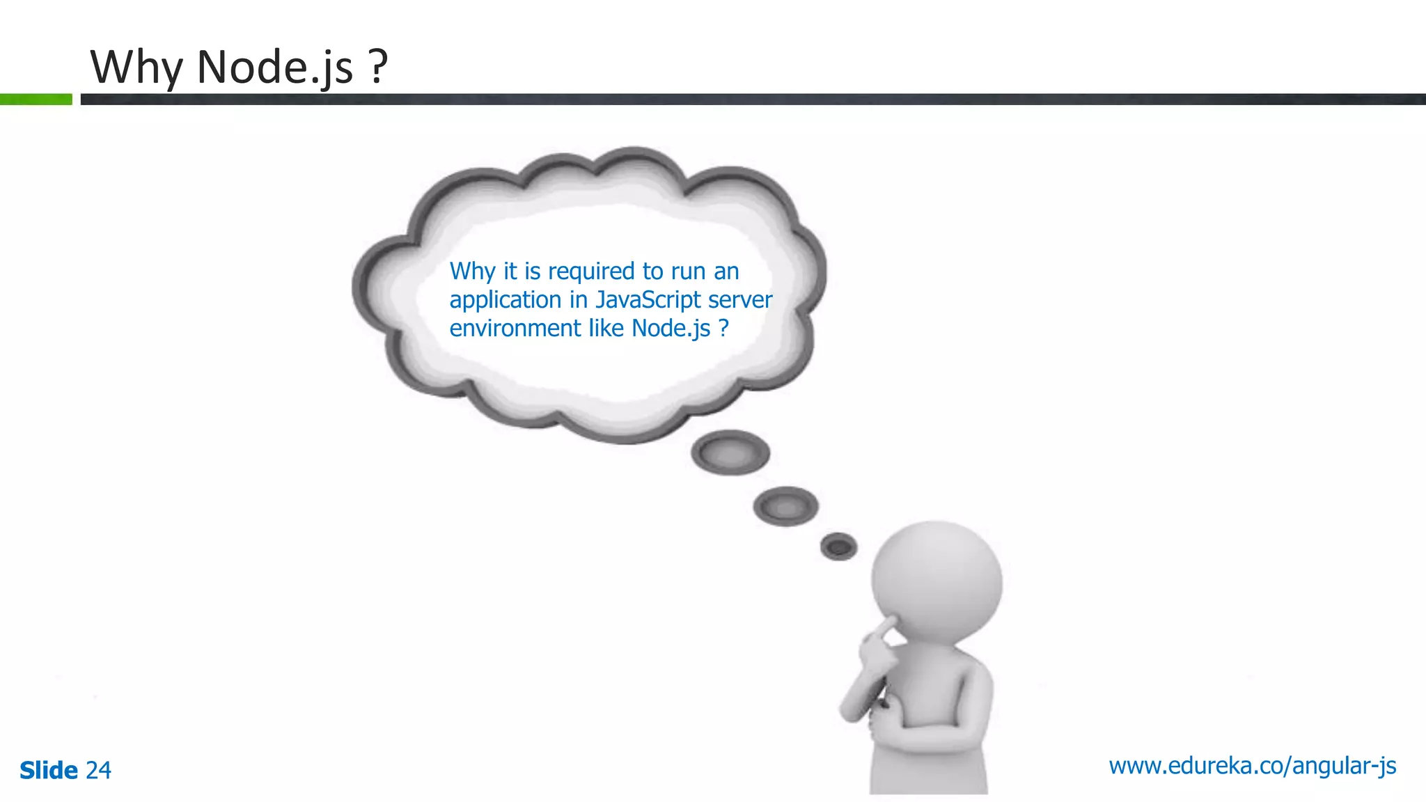 Slide 24 www.edureka.co/angular-jsSlide 24
Why Node.js ?
Why it is required to run an
application in JavaScript server
environment like Node.js ?
 
