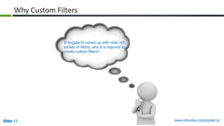 Slide 15 www.edureka.co/angular-jsSlide 15Slide 15Slide 15
Why Custom Filters
If AngularJS comes up with wide rich
variety of filters, why it is required to
create custom filters?
 