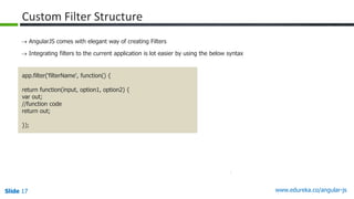 Slide 17 www.edureka.co/angular-jsSlide 17
Custom Filter Structure
 AngularJS comes with elegant way of creating Filters
 Integrating filters to the current application is lot easier by using the below syntax
app.filter(‘filterName', function() {
return function(input, option1, option2) {
var out;
//function code
return out;
});
 