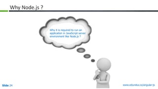 Slide 24 www.edureka.co/angular-jsSlide 24
Why Node.js ?
Why it is required to run an
application in JavaScript server
environment like Node.js ?
 