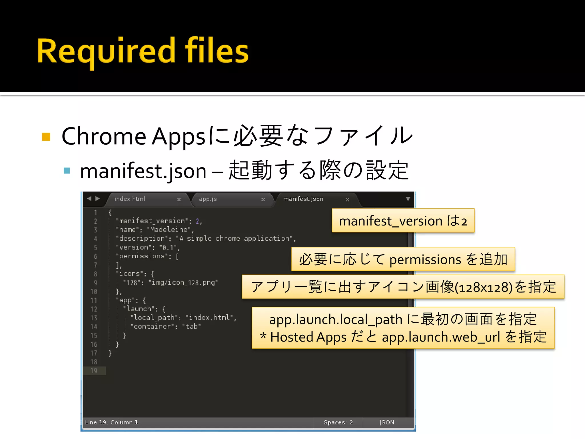 Chrome Appsに必要なファイル manifest.json – 起動する際の設定 manifest_version は2 必要に応じて permissions を追加 アプリ一覧に出すアイコン画像(128x128)を指定 app.launch.local_path に最初の画面を指定 * Hosted Apps だと app.launch.web_url を指定 