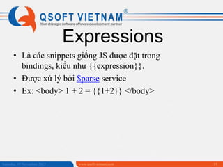 Expressions
• Là các snippets giống JS được đặt trong
bindings, kiểu như {{expression}}.
• Được xử lý bởi $parse service
• Ex: <body> 1 + 2 = {{1+2}} </body>

Saturday, 09 November 2013

www.qsoftvietnam.com

19

 