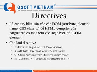 Directives
• Là các tuỳ biến gắn vào các DOM (attribute, element
name, CSS class…) để HTML compiler của
AngularJS có thể thêm vào hoặc biến đổi DOM
element.
• Các loại directive
•
•
•
•

E - Element: <my-directive></my-directive>
A - Attribute: <div my-directive="exp"></div>
C - Class: <div class="my-directive: exp;"></div>
M - Comment: <!-- directive: my-directive exp -->

Saturday, 09 November 2013

www.qsoftvietnam.com

31

 