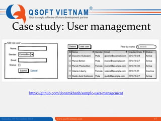 Case study: User management

https://github.com/donamkhanh/sample-user-management

Saturday, 09 November 2013

www.qsoftvietnam.com

67

 