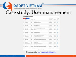 Case study: User management

Generate data: www.generatedata.com
Saturday, 09 November 2013

www.qsoftvietnam.com

70

 